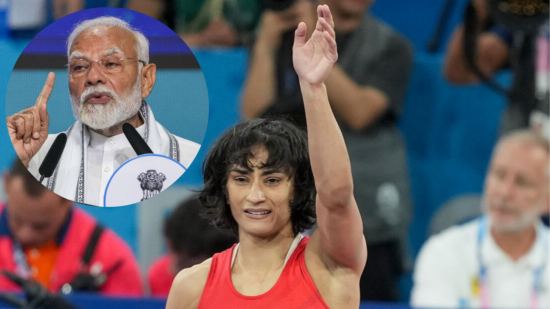 <div class="paragraphs"><p>Vinesh Phogat. Inset: PM Modi.</p></div>